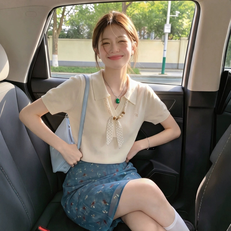 Apricot Silk Scarf Polo Collar Knitwear T-Shirt Short-Sleeved Women's Summer 2026 New Fashion Elegant Versatile Top 12284 Apricot Silk Scarf Polo Collar Knitwear T-Shirt Short-Sleeved Women's Summer 2026 New Fashion Elegant Versatile Top 12284