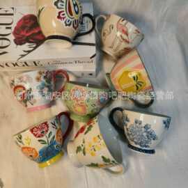 外贸尾单手绘浮雕陶瓷杯个性家用燕麦杯大容量质感高级陶瓷早餐杯