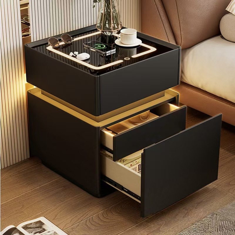 Home Bedroom Solid Wood Lockable High-End Light Luxury Multifunctional Smart Bedside Table Wireless Charging Black Storage Cabinet
