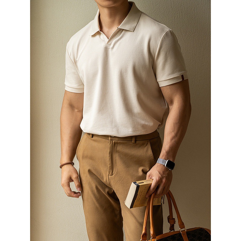 新疆綿カモメ襟通気半袖poloシャツメンズ2025夏カジュアル純色小vネック新作tシャツメンズ