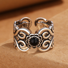 卡洛歌 复古蒙古花纹黑玛瑙男士戒指做旧潮流男女开口可调节指环