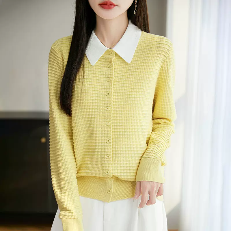 华夫格宽松百搭上衣外套女2025年春夏新款精纺羊毛蚕丝圆领针织衫