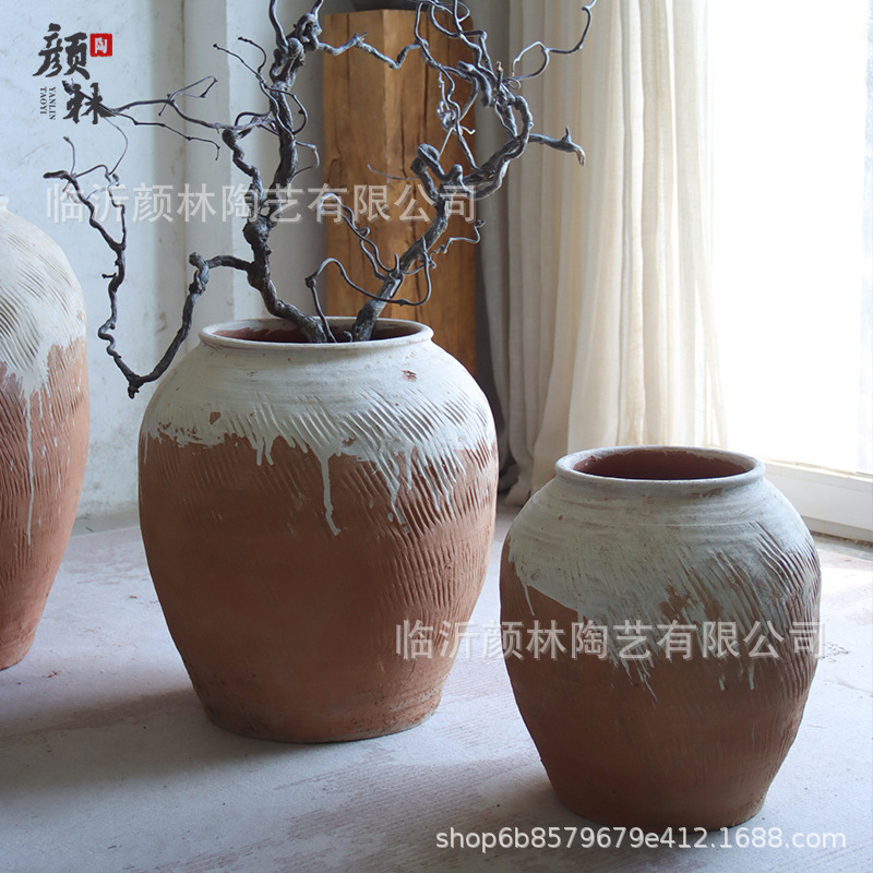 Botella de cerámica gruesa de tierra gran vaso de estómago de cerámica silenciosa decoración paisajística de alojamiento residencial botella de cerámica china decoración Zen retro