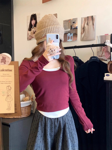 Autumn and winter 8818 Korean color contrast fake two-piece long-sleeved base shirt comes with chest pad, slim fit and all-match base top