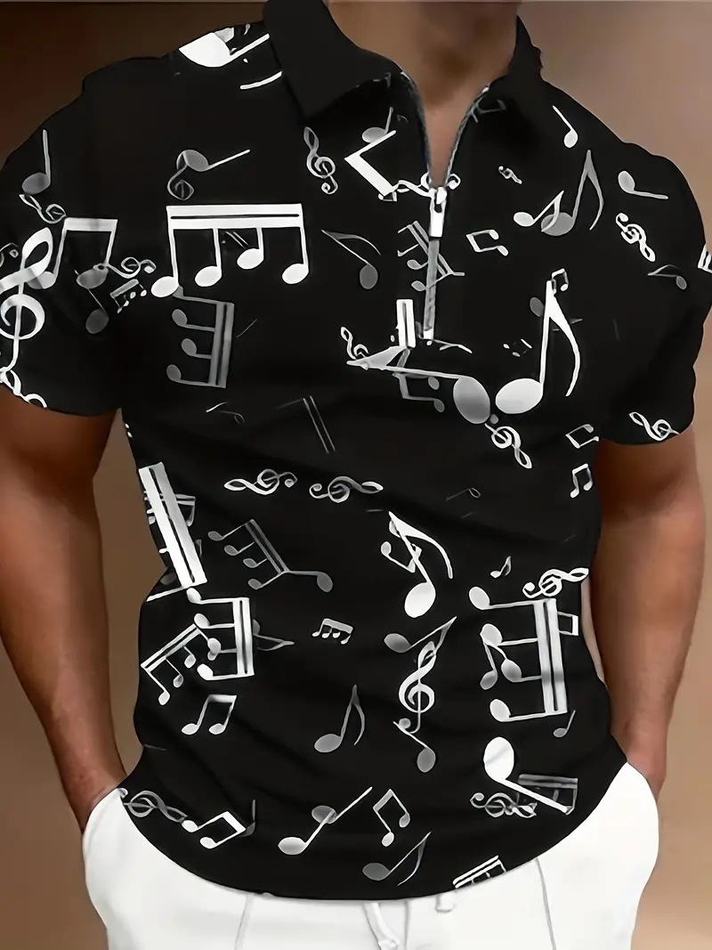 2024 venta caliente arte clásico nota impresión 3D hombre casual todo fósforo ancho de hombro ancho ancho ancho cremallera suelta camisa POLO