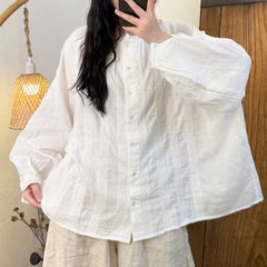春秋新款宽松大码双层棉纱休闲百搭文艺风蕾丝边拼接亲肤棉纱系扣