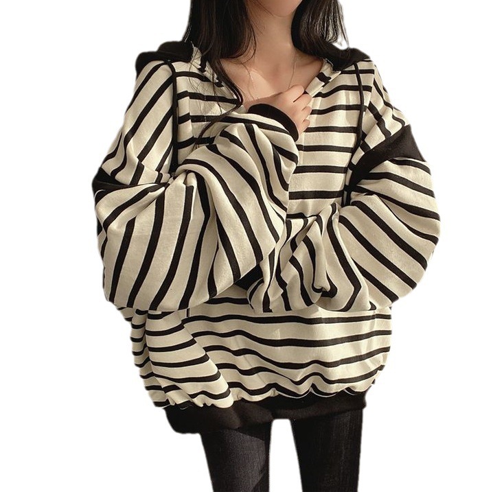 의류 코튼 V 넥 스트라이프 스웨트 셔츠 여성용 후드 느슨한 봄 가을과 겨울 캐주얼 라운드 넥 풀오버 씬 플러스