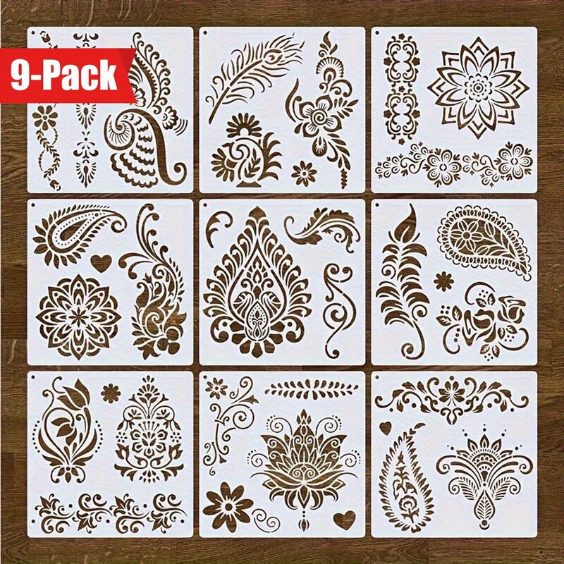 9 Mandala Templates 7.9x7.9inch Lace Floral Pattern Temporary Tattoo Stencils Reusable