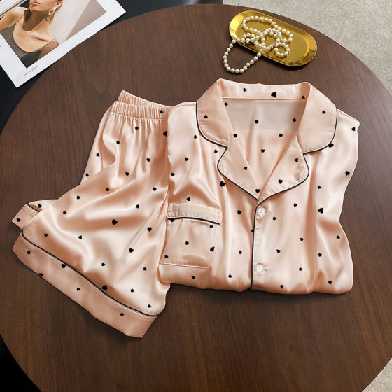 Sweet Love Summer Printed Pajamas Women Ice Silk Thin Silk Short Sleeve Comfortable Breathable Home Clothes suit Wholesale