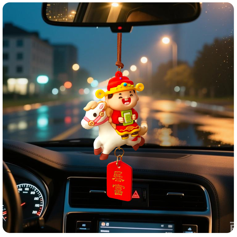 Año Nuevo del Caballo Mascota Colgante de automóvil Dios de la fortuna Muñeca Keychain Colgante de automóvil eléctrico Espejo retrovisor interior