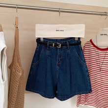 深蓝色收褶牛仔短裤女2025夏季薄款新款高腰宽松显瘦a字阔腿热裤