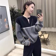 外单韩系设计师款^复古文艺2025山羊绒圆领撞色长袖毛衣针织外套