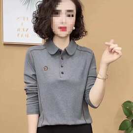 中年女打底衫女春秋季新款时尚纯色翻领POLO长袖洋气百搭上衣磨毛