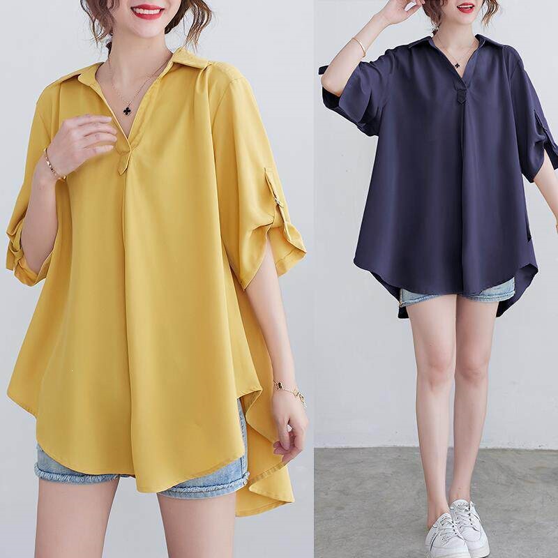 Chiffon Shirt for Women 2026 Summer 100kg Plus Size Korean Style Loose Fit Conceals Belly, Slimming, Waist-Cinching, Elegant A-Line