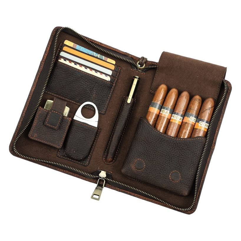 Estuche para Cigarros de Cuero con Patrón Crazy Horse Vintage Black Angel, Bolsa de Almacenamiento Portátil de Cuero Genuino para Cinco Cigarros