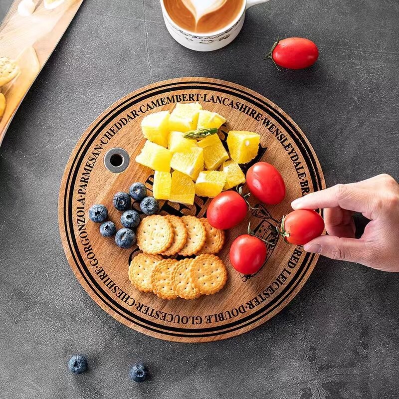 Pantalla de seda redonda logo mini tabla de cortar madera maciza cocina fruta tabla de cortar pan plato queso sushi swing placa
