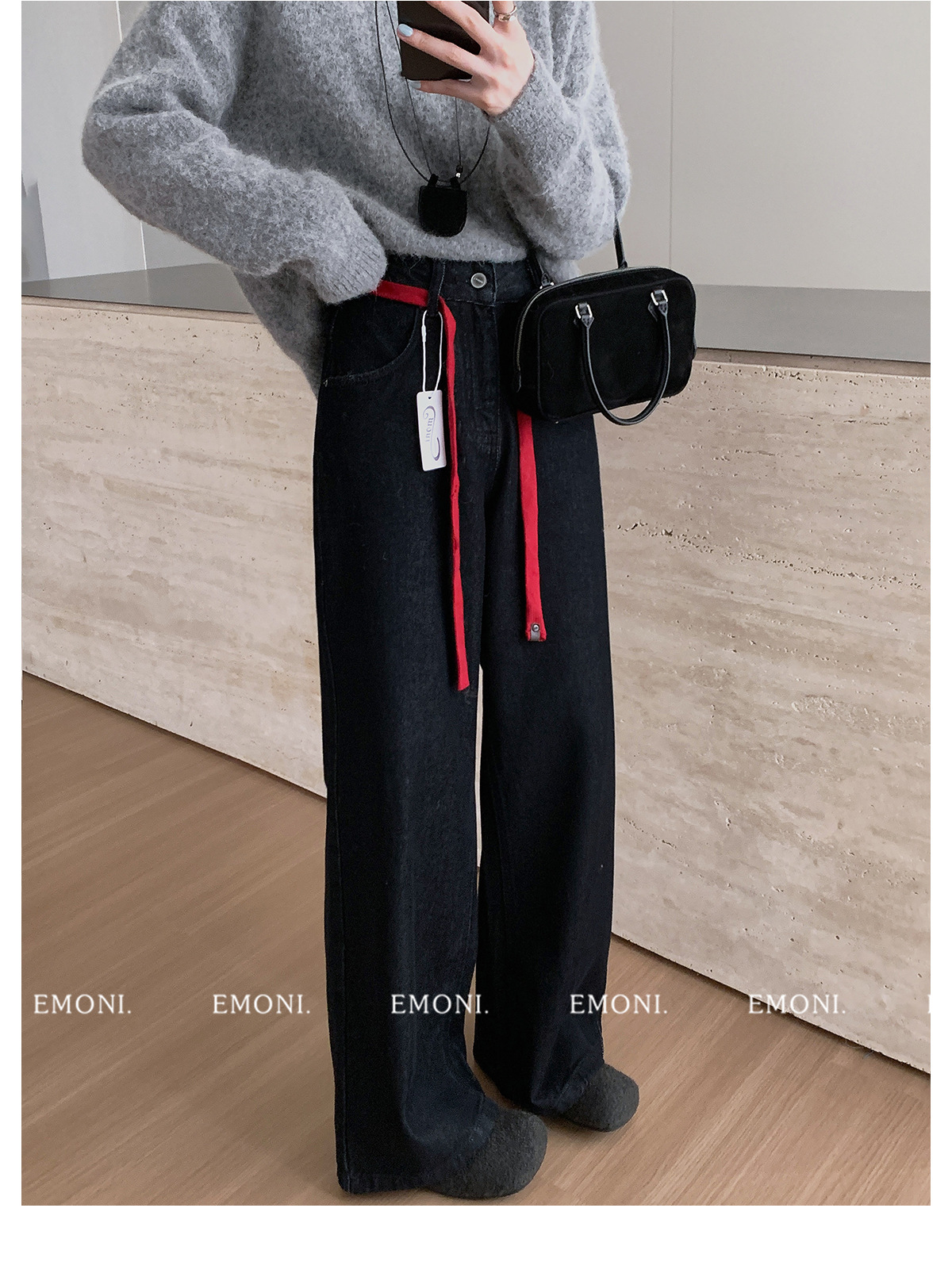 EMONI black and gold fleece jeans with belt for women 2024 Winter new Korean style straight-leg casual pants 63614 pic 11