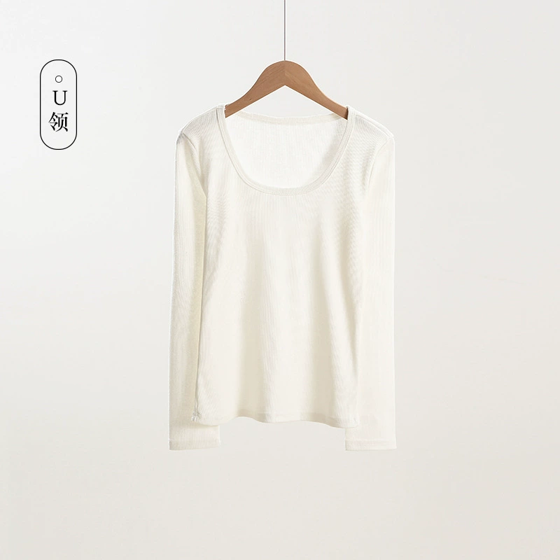U-образный воротник чисто белый резьбовой модал нижний свитер женский весенний и осенний трикотажный U-образный воротник футболка с длинными рукавами