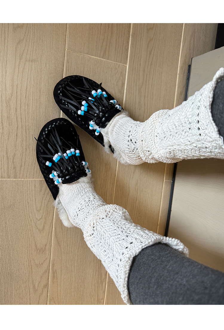 Guốc lười lông dày nữ mũi tròn kiểu Birkenstock có tua rua và hạt — màu nâu chi tiết 26