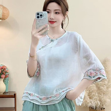2025夏季新款宽松刺绣棉麻上衣女装文艺盘扣民族风撞色七分袖T恤
