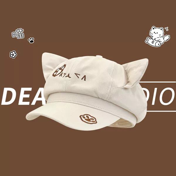 Japanese-Style Cute Cartoon Cat Ear Octagonal Hat for Women, Spring and Autumn Sweet Versatile Large Head Circumference Face-Slimming Beret