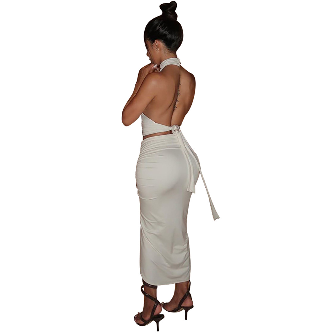 Summer Women Clothing Solid Color round Neck Cropped Backless Top Drawstring Mid Length Dress Set