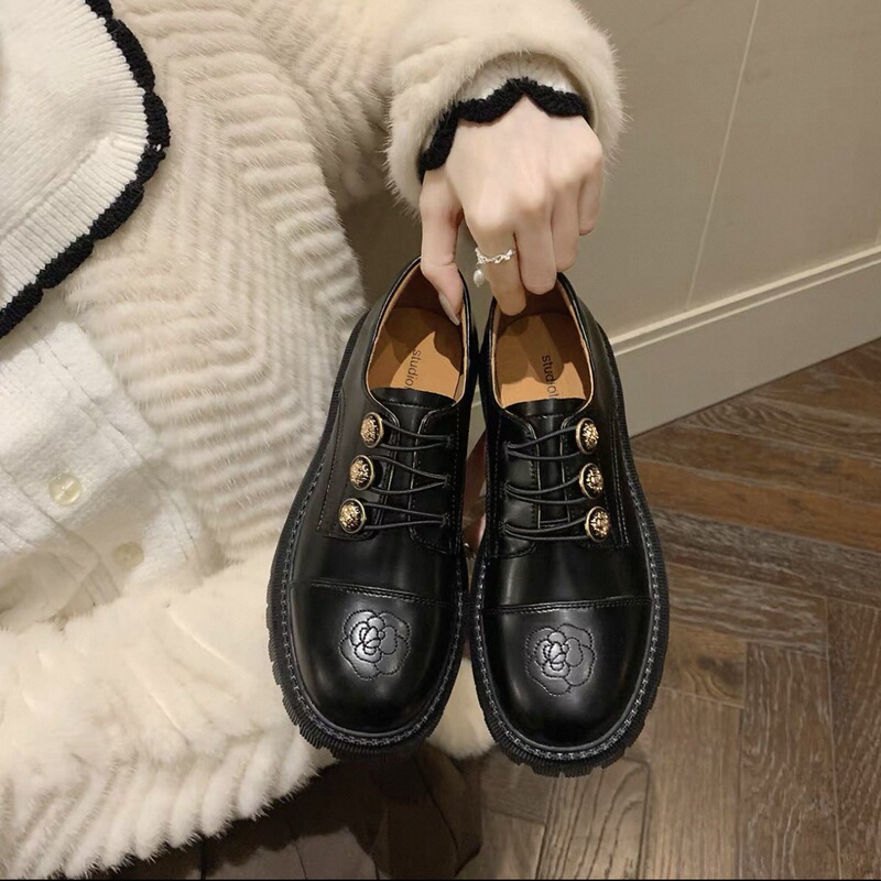 Genuine Leather British Retro Loafers Thick-Soled Badge Small Leather Shoes for Women Autumn and Winter Niche Preppy Style Black Thick-Heeled Shoes