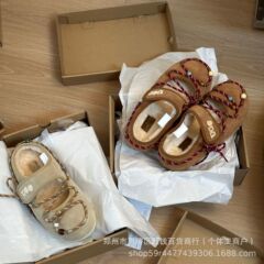 桑坡羊皮毛一体绑带玛丽珍少女法式娃娃鞋奶奶鞋休闲羊毛拖鞋跨境