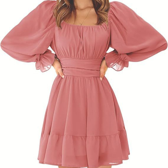 2025 Casual Lantern Sleeve Dress Square Neck Back Tie Elastic Waist Aline Short Mini Dress