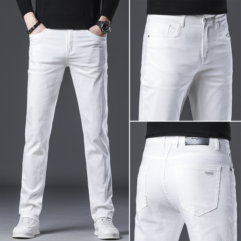 Slim-Fit Skinny Pure White Jeans 2025 Spring and Autumn Regular Style Simple Men's Stretch Denim Straight-Leg Pants