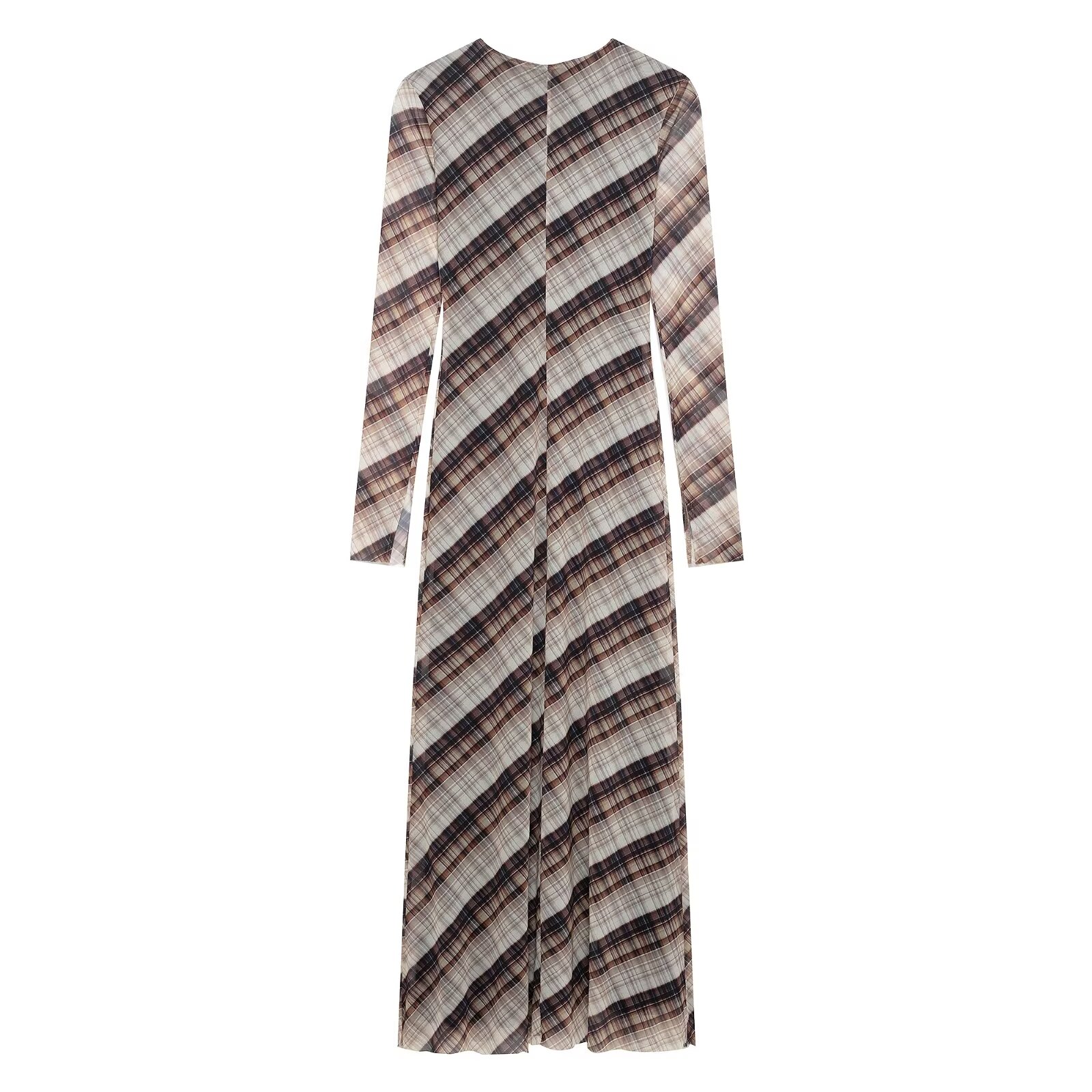 Women Clothing round Neck Loose Casual Plaid Silk Net Long Sleeve Dress
