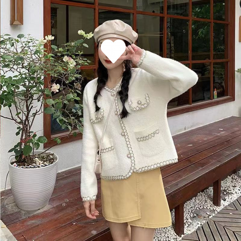 秋冬名媛风法式小香风针织开衫外套女短款上衣气质白色圆领法式风|undefined