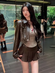 美式复古短款皮衣外套女秋季新款设计感辣妹咖色长袖PU皮夹克上衣