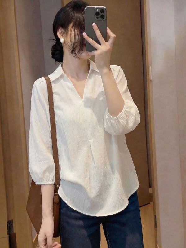 Áo sơ mi nữ tay ngắn cổ V phom rộng thiết kế đơn giản — màu đen