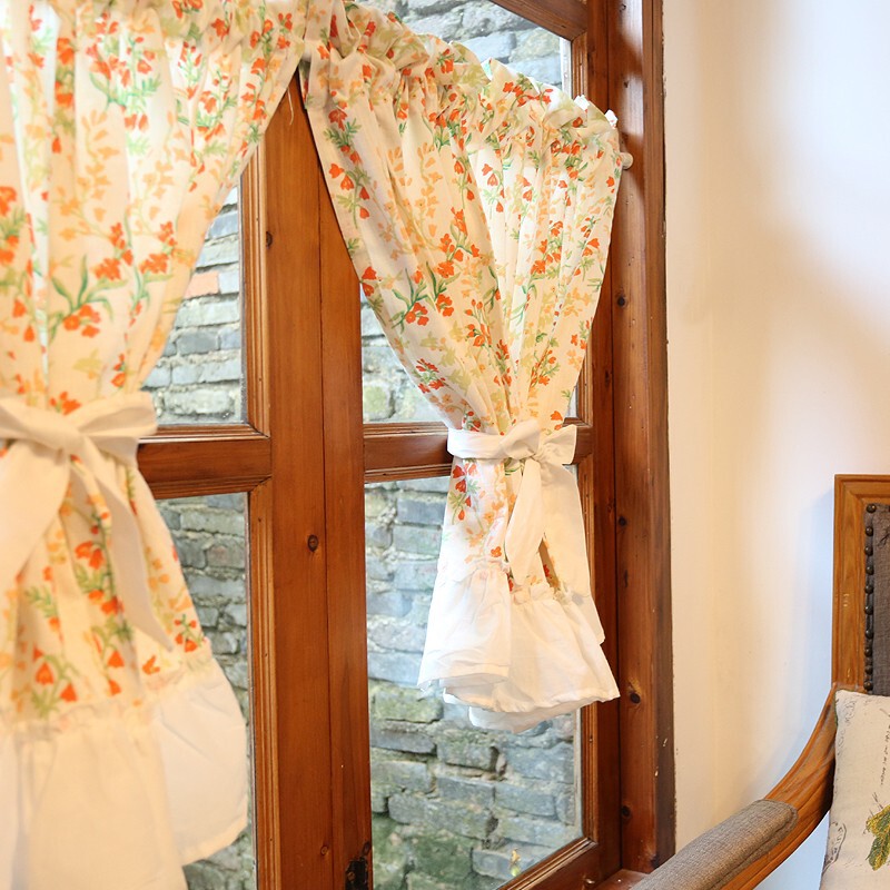 Iris Country Brigade Orange Little Wild Flower Half Curtain American Style Door Curtain Wearing Rod Curtain Cabinet Curtain Dust Curtain Coffee Curtain Semi-Shading