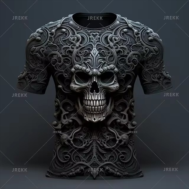Verano calle todo-fósforo suelto cuello redondo manga corta transpirable camiseta de hombre thriller esqueleto relieve impresión digital 3D