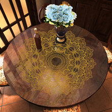 D9GH无味新中式蕾丝氛围感pvc木保护膜软玻璃圆餐桌面垫桌布防水