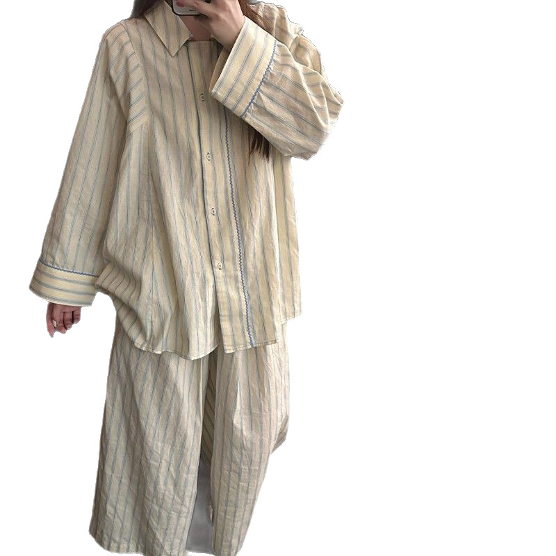 Pijamas a rayas al por mayor transfronterizos de collar de otoño de mujeres nuevos encajes simples sueltos mangas largas set de ropa de hogar larga