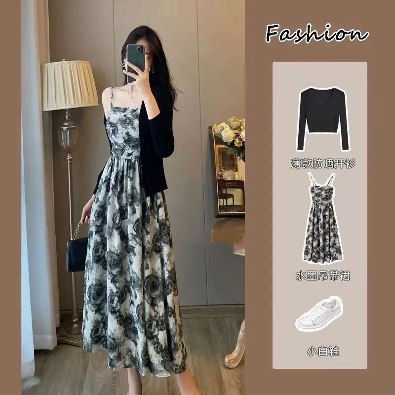 Летний костюм-кардиган с тонкими бретелями, солнцезащитный, с цветочным принтом роз,  утягивающий,  для стройной талии.