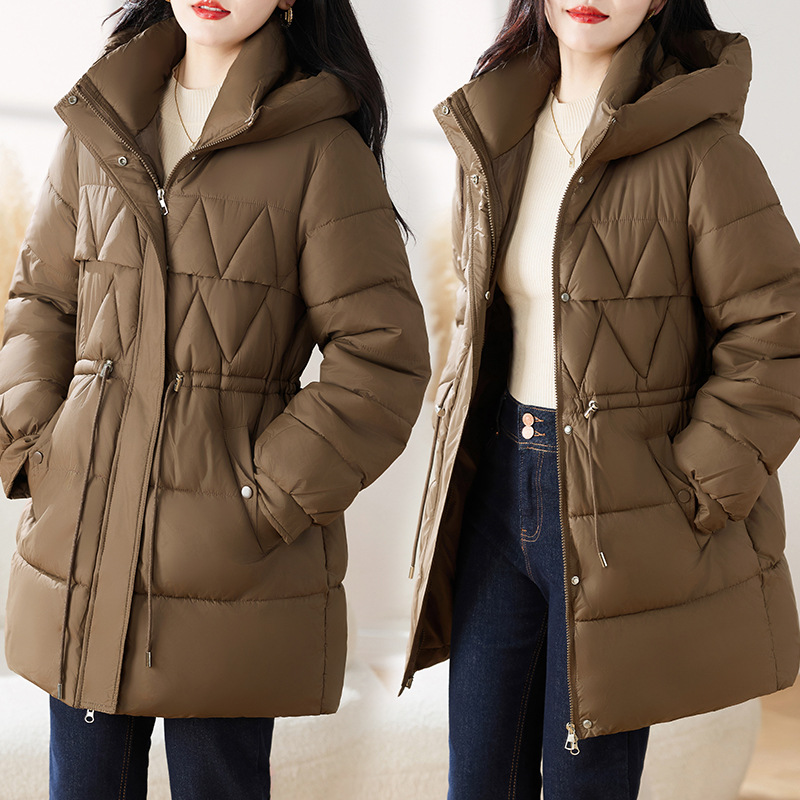 Mediano y largo chaqueta de algodón con capuzas y terciero para mujeres 2024, nueva chaqueta de algodón de invierno coreana delgada y suelta