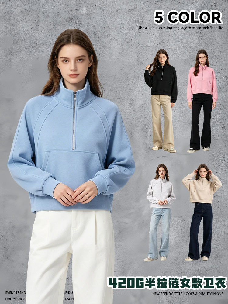 Ropa de mujer coreana corta pesada 420g algodón de isla con semiacremallera chaqueta de hombro marca de moda simple chaqueta universal image 3