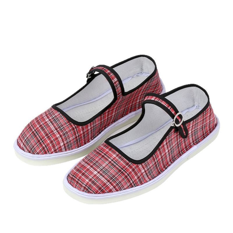 Tendón de res, suela de tendón de res, línea hecha a mano, lona a cuadros, zapatos de costura con hebilla de punta redonda para damas, zapatos casuales planos, nuevo estilo image 5