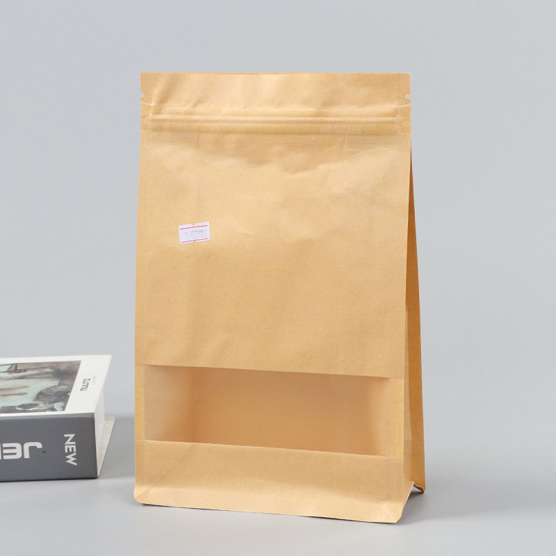 Spot bolsa de papel kraft con ventana transparente bolsa de embalaje de alimentos autosellada autoportante bolsa de té sellada de ocho lados fácil de rasgar