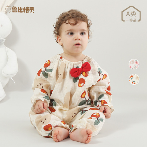 Baby thin gauze cotton one-piece spring and autumn newborn baby long-sleeved Category A pure cotton jumpsuit home crawling suit