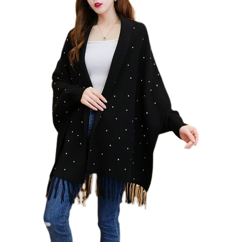 Damen Strickjacke in Übergröße, Cape mit Fledermausärmeln, Fransen und Ärmeln_voghion.com