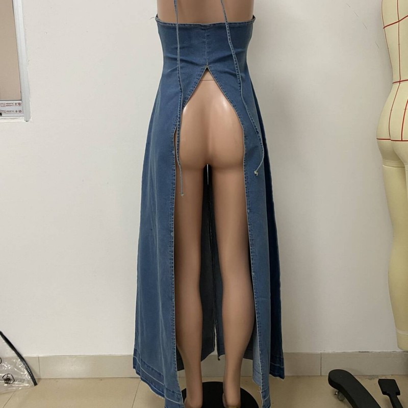 ヨーロッパとアメリカの女性のファッションキャミソールVネックスプリットヘムバック中空トレンディデニムトップ|undefined