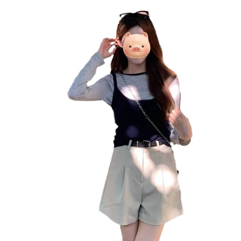 한국 스타일 스택 콘트라스트 크루 넥 니트 긴팔 티셔츠 여성용 가을 2024 새로운 슬림 핏 내베이스 셔츠 탑