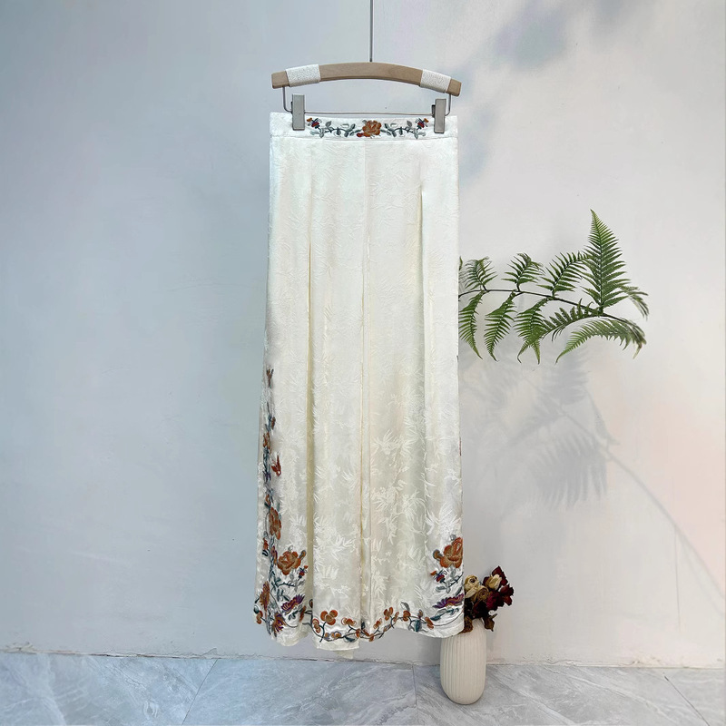 New Chinese-style Satin Jacquard Women's Pants Summer New National Style Vintage Embroidered Casual Pants Slimming Flesh Covering Wide Leg Pants