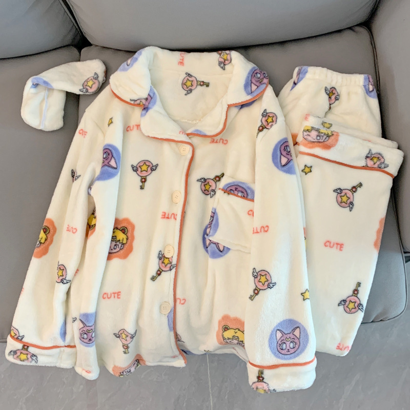 Japanese American Girl Warrior Luna Autumn and Winter Coral Fleece Pajamas Women's Home Clothes Cute suit Real Shot Wholesale