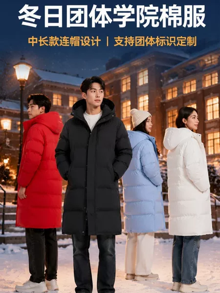 Customized group cotton jackets with logo, mid-length, thickened, hooded, unisex, college style class uniforms, corporate workwear